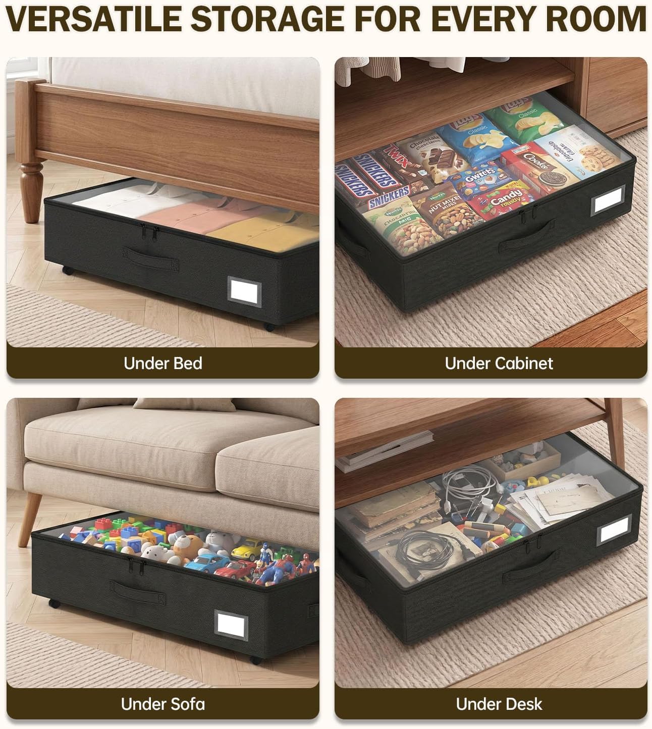 Under Bed Storage with Wheels, 10 inches Under Bed Storage Containers, 65L XXL Large Adjustable Underbed with Lids, Rolling Underbed Storage bins for Shoes, Clothes, Blankets, White