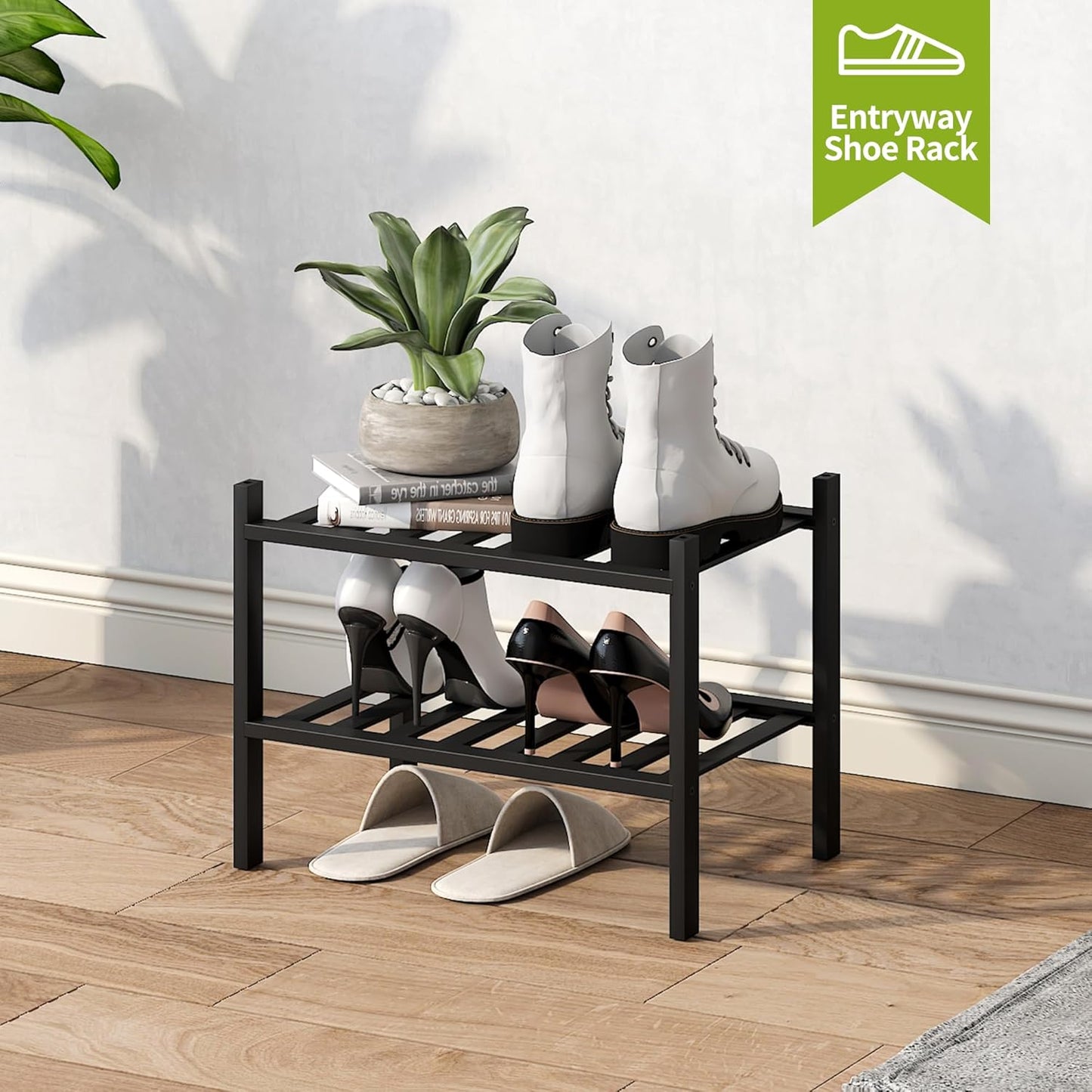 BMOSU 2-Tier Bamboo Small Shoe Rack Premium Stackable Shoe Shelf Storage Organizer for Hallway Closet Living Room Entryway Organizer (Black Bamboo)