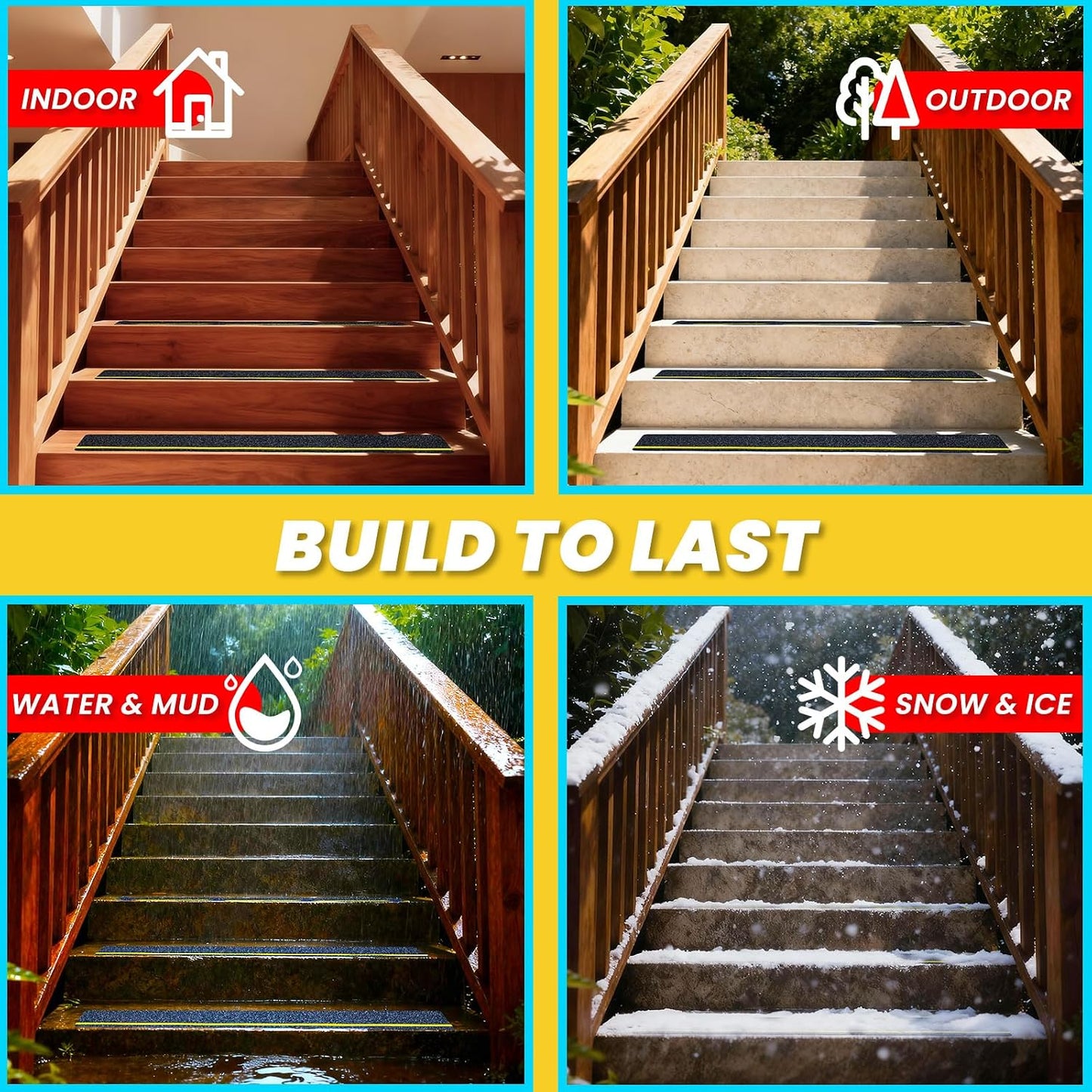 LifeGrip Anti Slip Traction Treads 10 Pack, 6"x32" with Glow in Dark Stripe, Best Grip Tape Grit Non Slip, Outdoor Non Skid Tape, High Traction Friction Abrasive Adhesive for Stairs Step