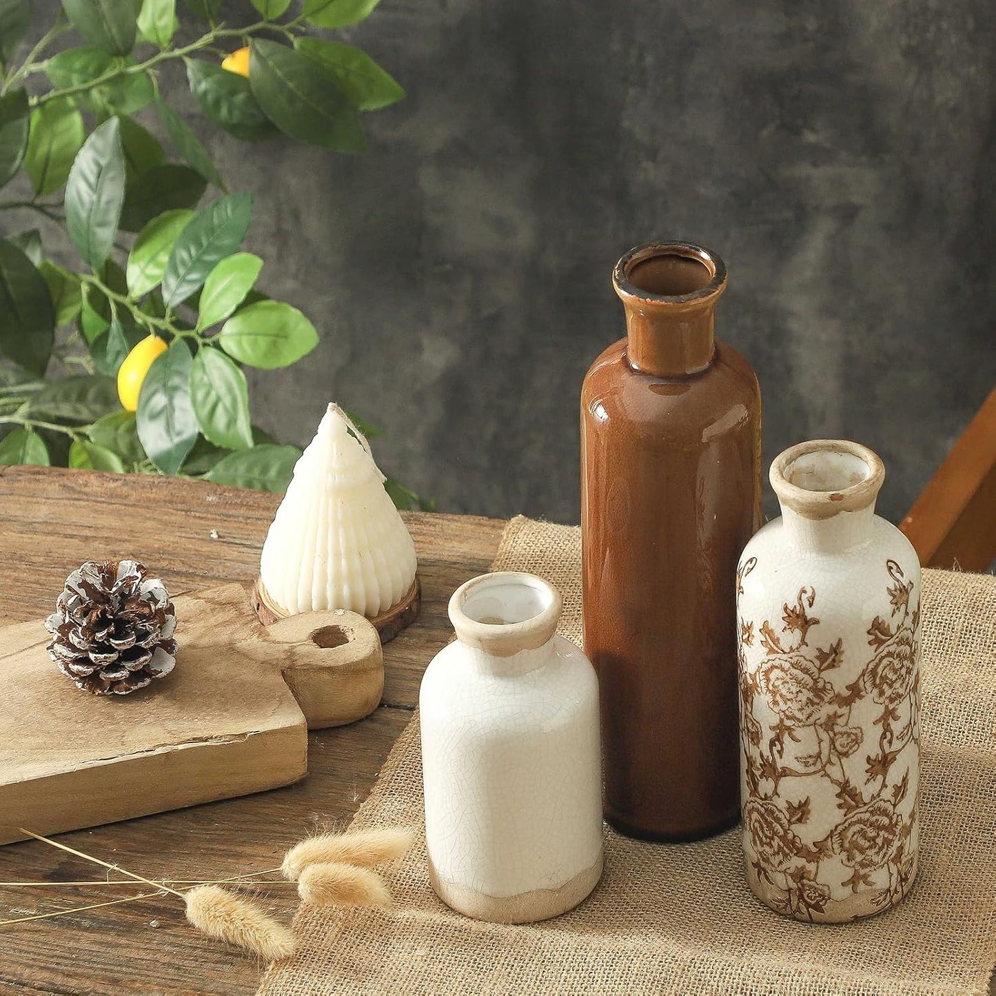 Ceramic Vase Set of 3, Neutral Flower Vases Home Decor, Pottery Rustic Farmhouse Decorative Vases Modern Decor for Table Mantel Entryway Bookshelf Living Room Kitchen Bedroom - Brown