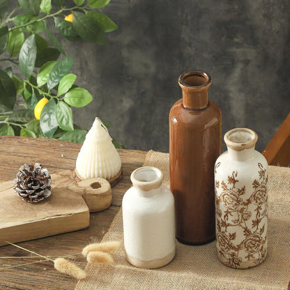 Ceramic Vase Set of 3, Neutral Flower Vases Home Decor, Pottery Rustic Farmhouse Decorative Vases Modern Decor for Table Mantel Entryway Bookshelf Living Room Kitchen Bedroom - Brown