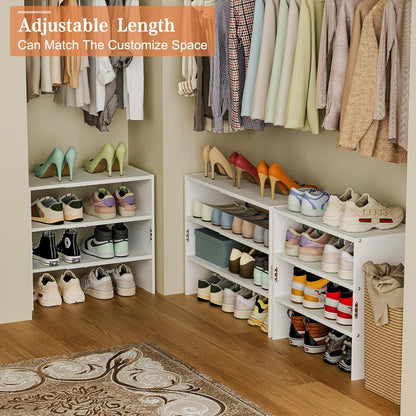 White Shoe Rack Organizer for Closet, 2-Tier Expandable Shoe Shelf, Stackable Iron Wood Combination Small Shoe Racks Shelves for Closets, Entryway,Small Space,Hallway,Bedroom,Bathroom,6-12 Pairs