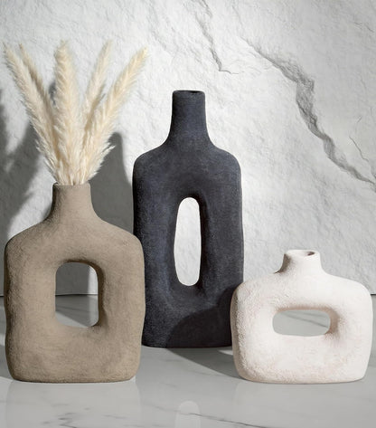 DREAMLOOM Ceramic Vase Set of 3, Modern Rustic Flower Vases for Pampas Grass, Dried & Fresh Flowers, Farmhouse Home Decor Vase for Living Room Bedroom Kitchen Shelf Centerpiece, Classic