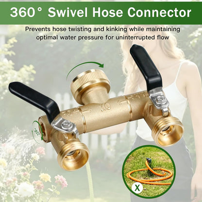 Garden Hose Splitter,2 Way Heavy Duty Outdoor Faucet Splitter, 360° Rotating Adapter,Long Handles High Flow Hose Adapter,with Shutoff Valves,3/4" GHT Thread