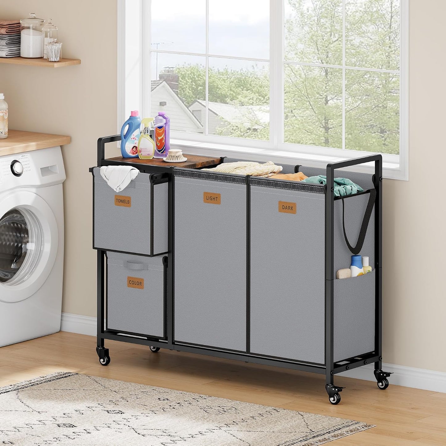 Hoctieon 4 Section Laundry Cart, 48 Gal. (182L) Laundry Hamper with Lid, Laundry Basket with Wheels, Rolling Laundry Sorter Organizer with Shelf, Clothes Separator with Removable Bags, Black
