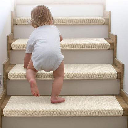 Brakki Bullnose Carpet Stair Treads, Non Slip Stair Treads for Wooden Steps Indoor, Stair Runner, Soft Stair Rugs, Edging Stair Protectors, Washable, 29.5"x9.5"x1.5" 14pcs, Beige