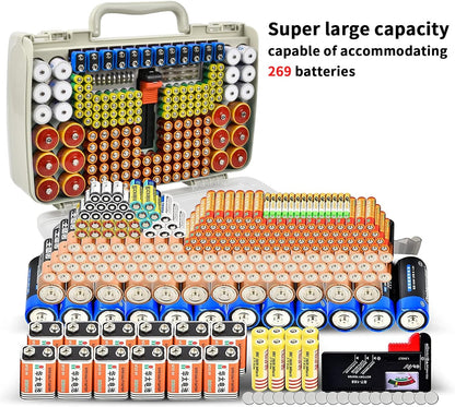Battery Organizer Storage Case with Tester for 269 Batteries, Double Sides | Plastic, For AA AAA 4A C D Cell 9V 3V LR44 CR2 CR123 CR1632 18650 Button, Wall/Drawer, For Families/DIY/Home/Garage, Grey