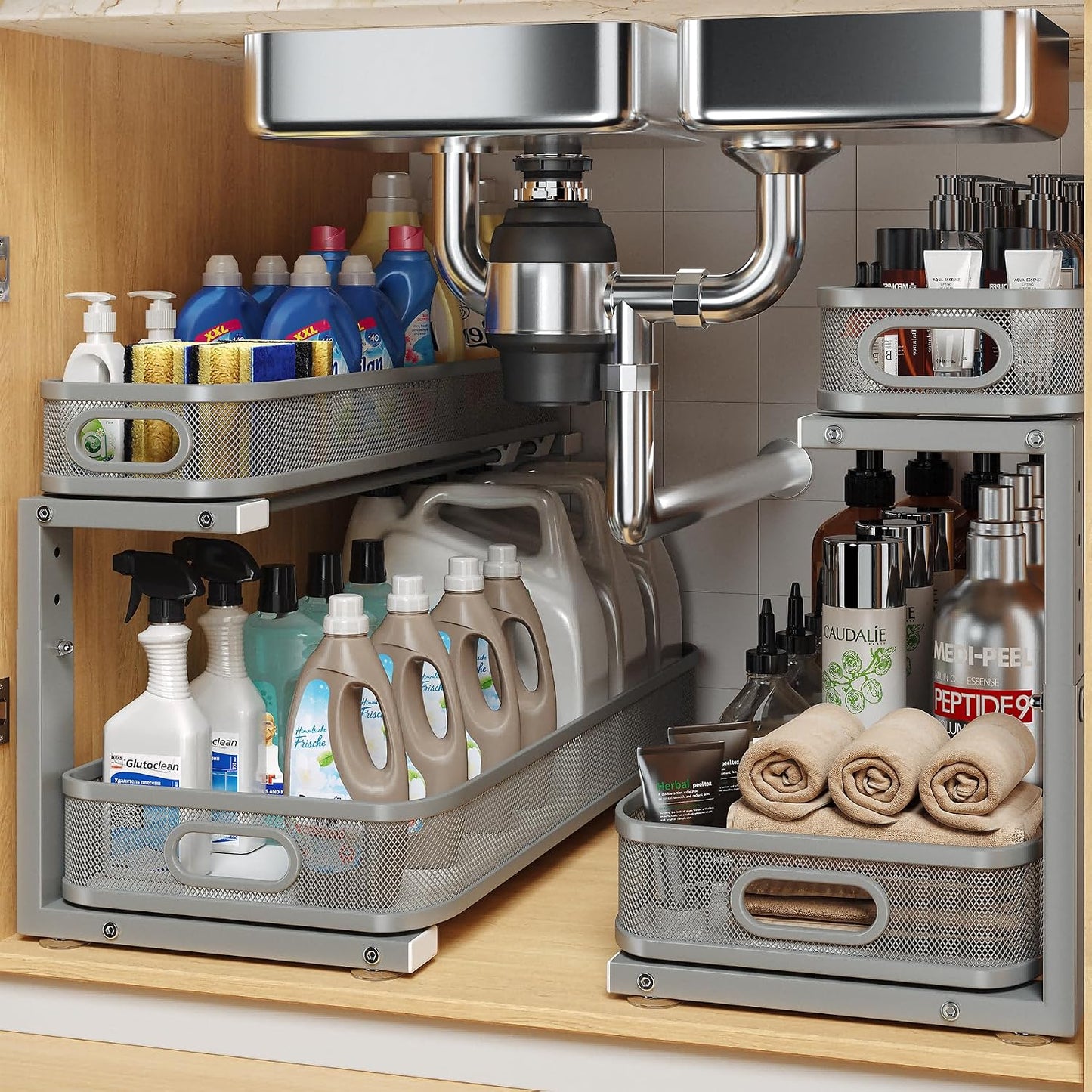 2 Pack Under Sink Organizer With Smooth Cylindrical Rail,2-Tier Pull Out Multi-Purpose Cabinet Storage for Bathroom&Kitchen,Height Adjustable,Rust-resistant Coating-White