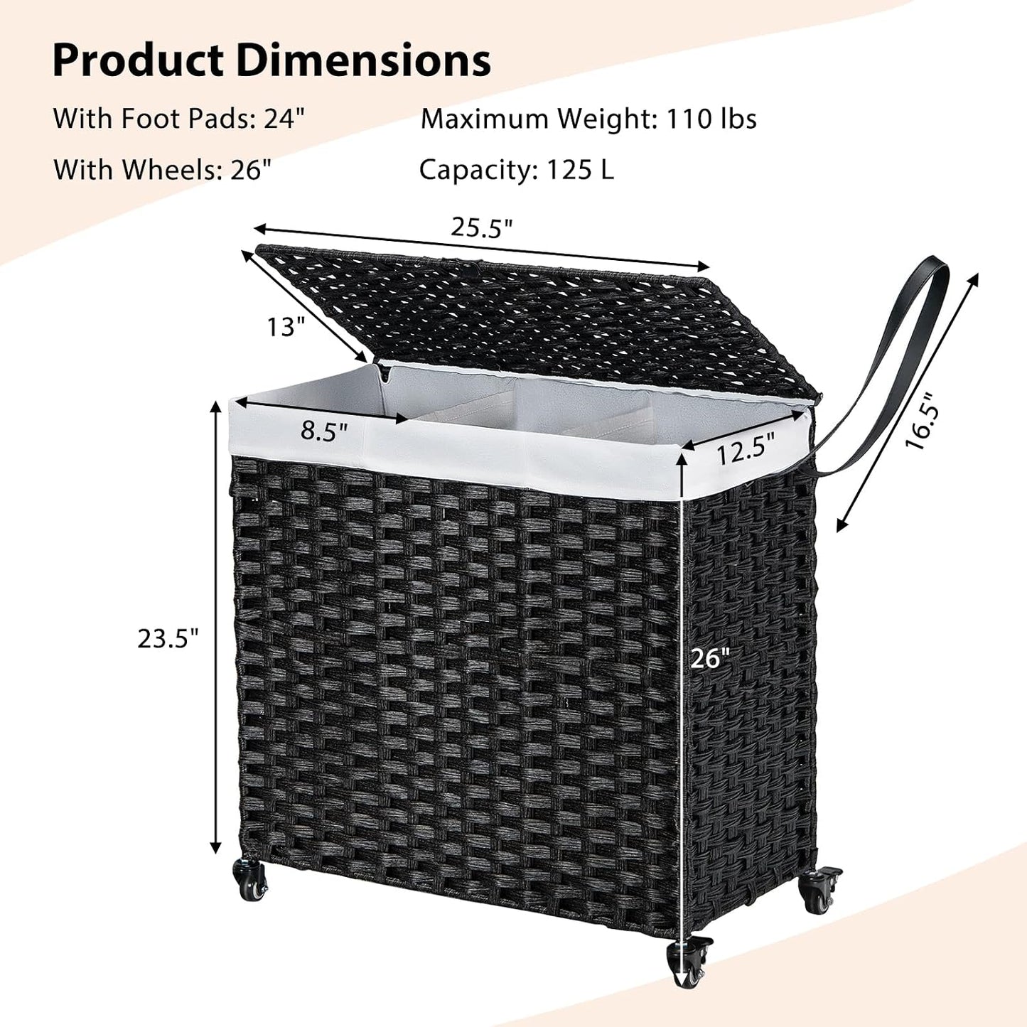 Giantex Laundry Hamper w/Wheels, 3 Section Hamper 125L w/2 Removable Liner Bags, Handwoven Rattan Divided Laundry Basket w/Lid and Handle for Laundry Sorter for Bathroom Bedroom (Brown)