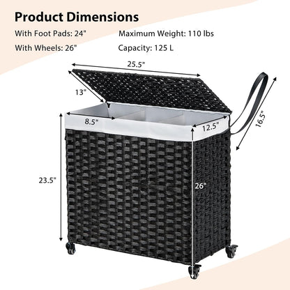 Giantex Laundry Hamper w/Wheels, 3 Section Hamper 125L w/2 Removable Liner Bags, Handwoven Rattan Divided Laundry Basket w/Lid and Handle for Laundry Sorter for Bathroom Bedroom (Brown)