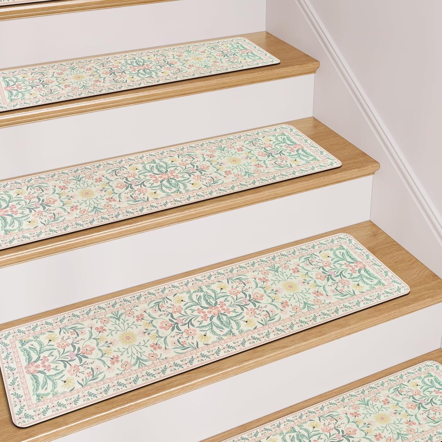 OJIA Floral Stair Treads Non-Slip Stair Runner for Wooden Steps Indoor 15PCS 30"x8" Carpet Stair Treads Stair Mats Staircase Step Treads for Kids, Elders and Dogs, Stair Covers, Black