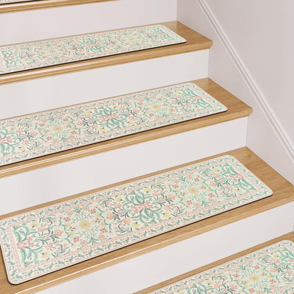 OJIA Floral Stair Treads Non-Slip Stair Runner for Wooden Steps Indoor 15PCS 30"x8" Carpet Stair Treads Stair Mats Staircase Step Treads for Kids, Elders and Dogs, Stair Covers, Black