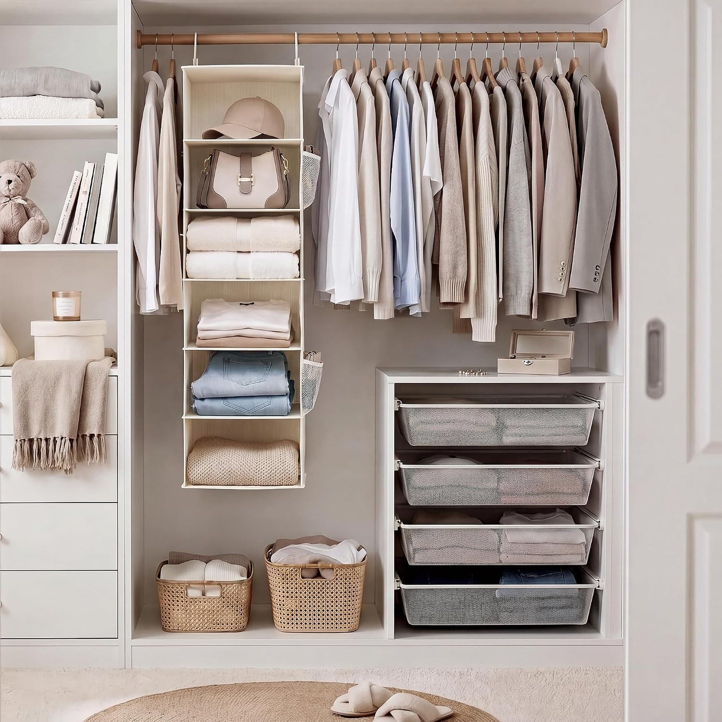 StorageWorks 6-Shelf Hanging Closet Organizer, Hanging Shelves for Closet, Fabric, Mixing of Beige, White & Ivory, 12" D x 12" W x 47 1⁄2" H