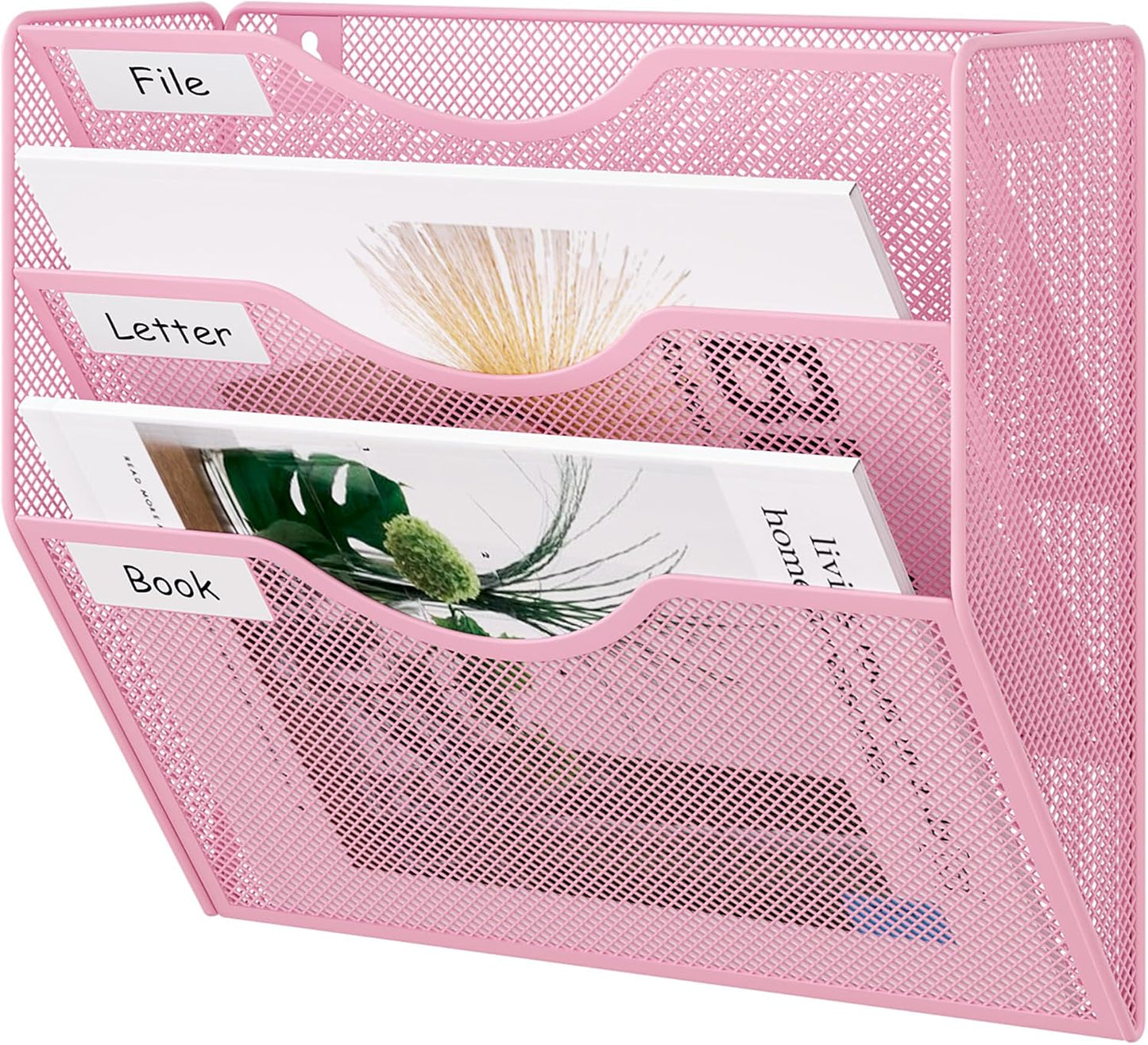 EasyPAG 5 Pocket Mesh Wall File Organizer with Key Hooks, Hanging Paper Folder Holder with Classify Label, Vertical Wall Mount Mail Organizer for Office Home Classroom, Black
