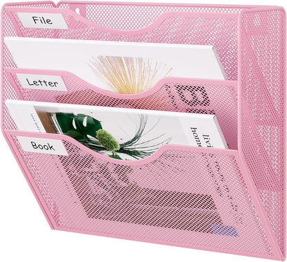 EasyPAG 5 Pocket Mesh Wall File Organizer with Key Hooks, Hanging Paper Folder Holder with Classify Label, Vertical Wall Mount Mail Organizer for Office Home Classroom, Black