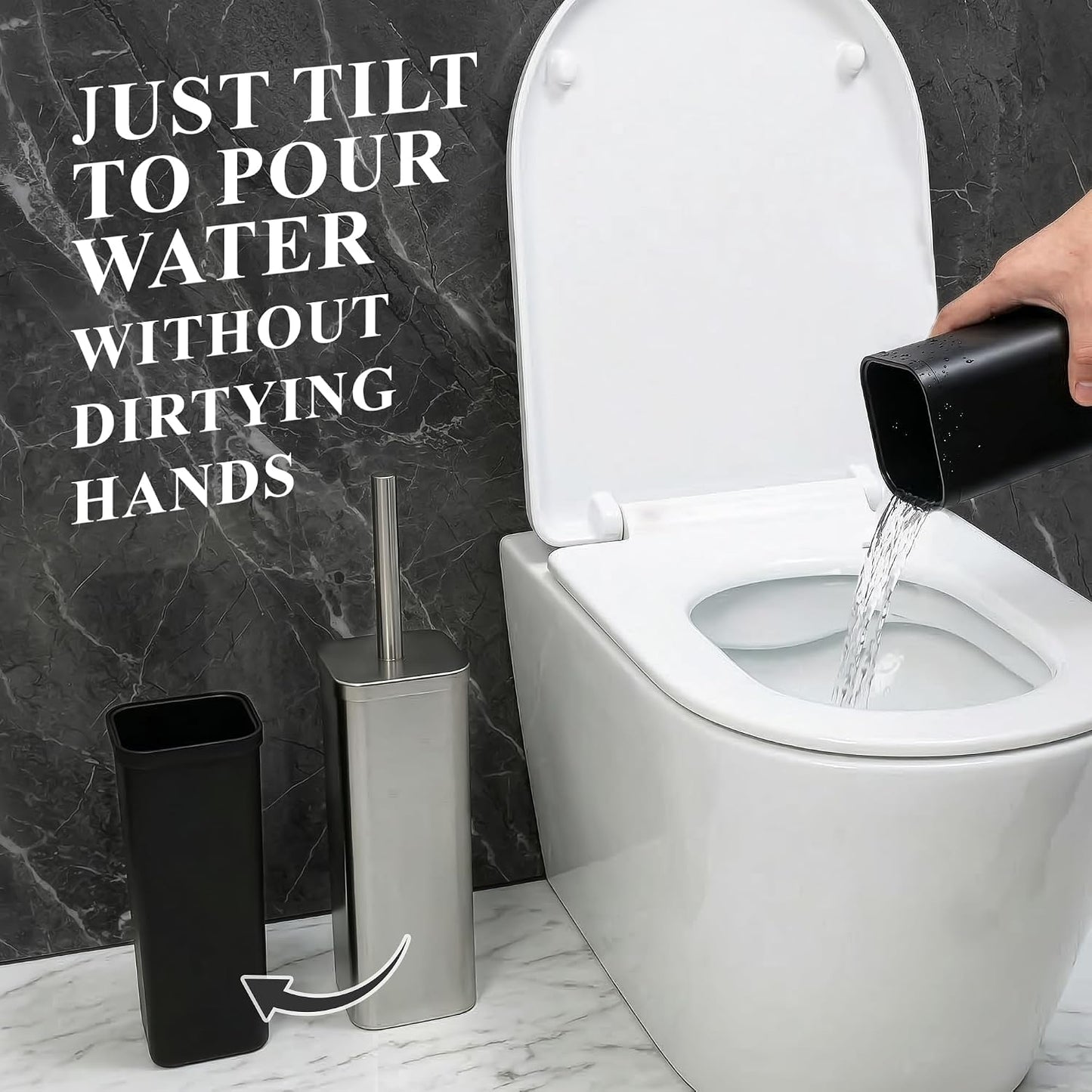 Black Toilet Brush and Holder Set - Slim Matte Design that Fits Anywhere - Stainless Steel Toilet Bowl Brush and Holder with 2 Rounded Corners, Replaceable Head, Removable Inner Bowl & Splash Guard