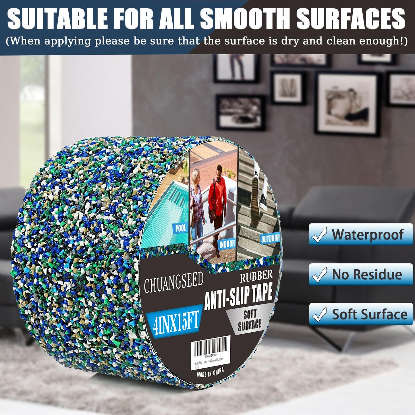 CHUANGSEED Anti-Slip Tape 2" x15ft - Waterproof Blue Safety Grip Tape for Stairs, Pool, Bathroom, Outdoor Steps - Heavy Duty Non-Slip Traction Strip