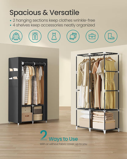 SONGMICS Portable Closet, Wardrobe Closet Organizer with Cover, 3 Hanging Rods and Shelves, 4 Side Pockets, 51.2 x 17.7 x 65.7 Inches, Large Capacity for Bedroom, Living Room, Ink Black URYG092B02