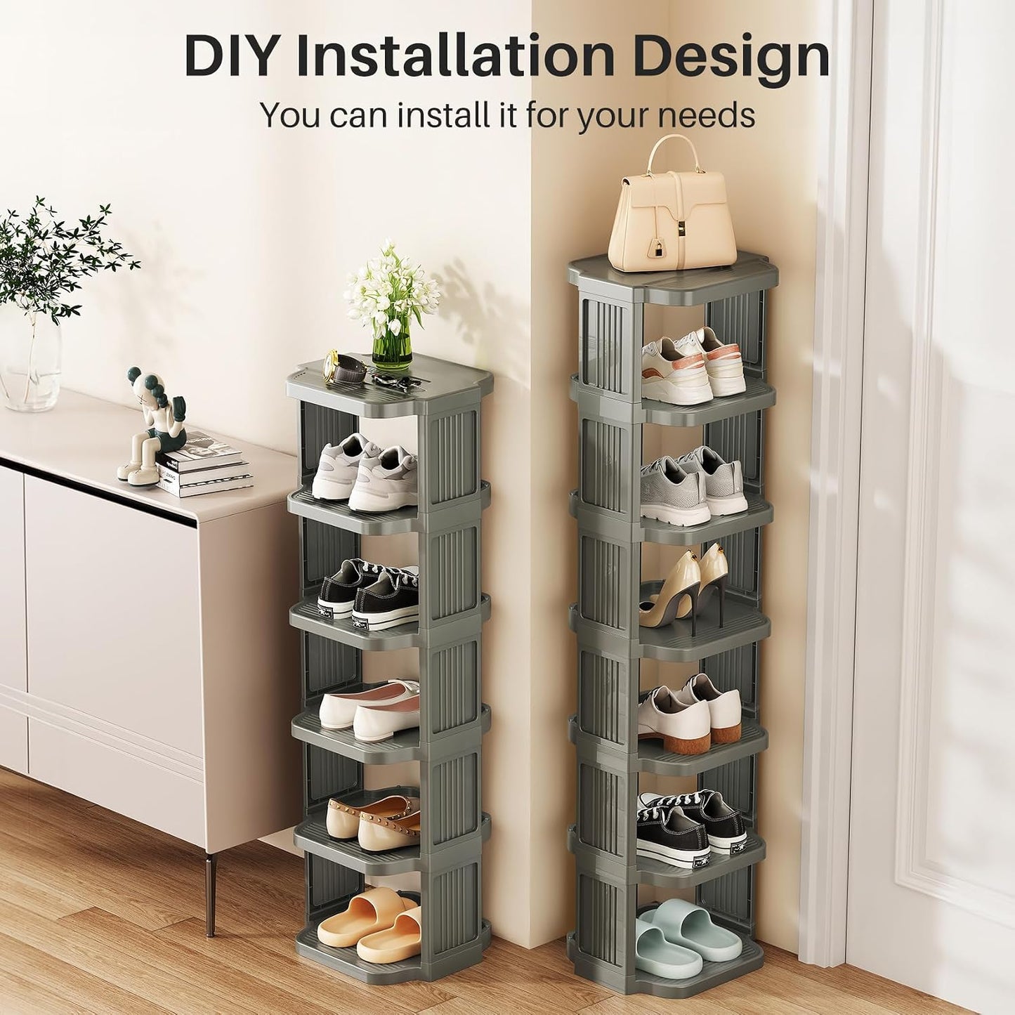 Kitstorack 8-Tier Vertical Plastic Shoe Rack, Freestanding Stackable Storage Organizer for Small Closets and Tight Spaces