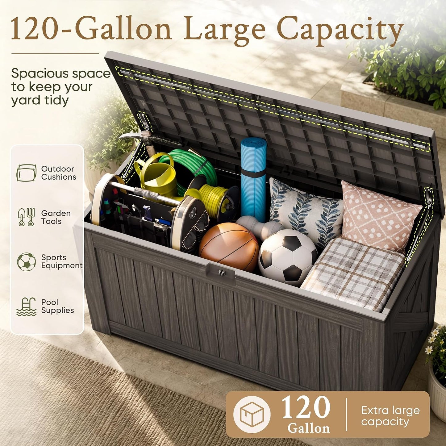 Devoko 120 Gallon Deck Box Resin Outdoor Storage Box Waterproof for Patio, Large Outdoor Storage Bench Lockable for Outside (Black)