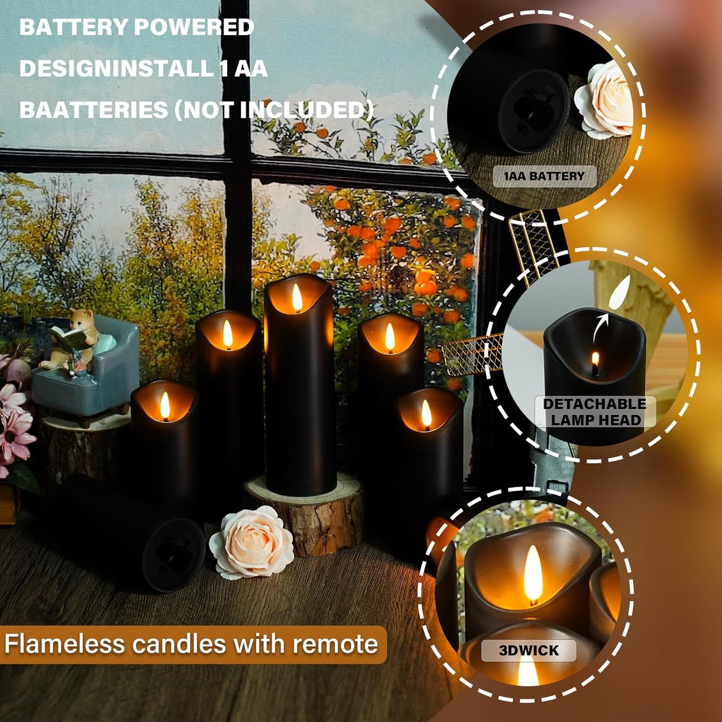 Nimiko Flameless Candles with Remote, Battery Operated Flickering Flameless Candles, LED Candles with Timer 2/4/6/8H, with Realistic LED Candles Set of 9 (D3 x H 3" 4" 5" 6" 7") (White)