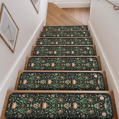 OJIA Floral Stair Treads Non-Slip Carpet Stair Treads for Wooden Steps Indoor 15PCS 30"x8" Stair Runner Stair Mats Staircase Step Treads for Kids, Elders and Dogs, Stair Covers, Black