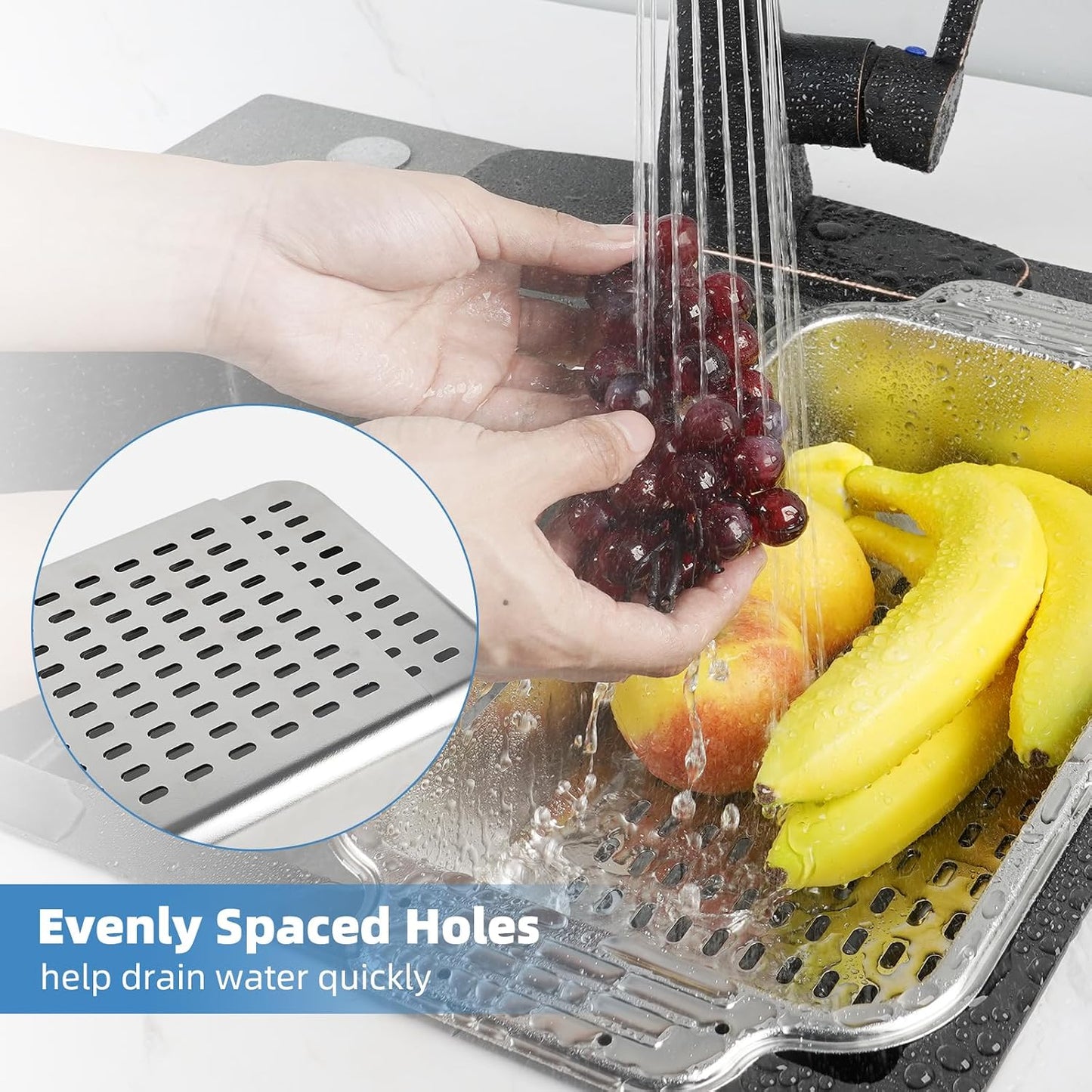 Over the Sink Colander Strainer Basket, ALL METAL Extendable Drain Colander | For Wash Vegetables and Fruits Dry Dishes, 6 Quart Large Size, New Home Kitchen Essentials