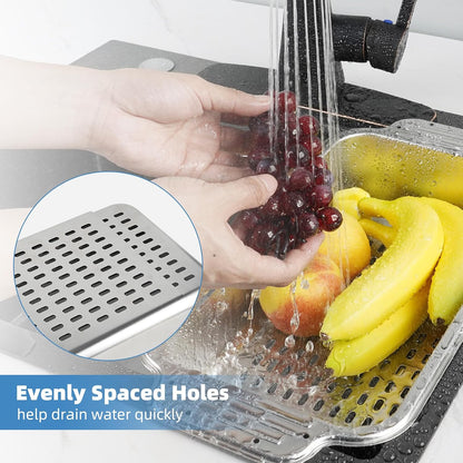 Over the Sink Colander Strainer Basket, ALL METAL Extendable Drain Colander | For Wash Vegetables and Fruits Dry Dishes, 6 Quart Large Size, New Home Kitchen Essentials