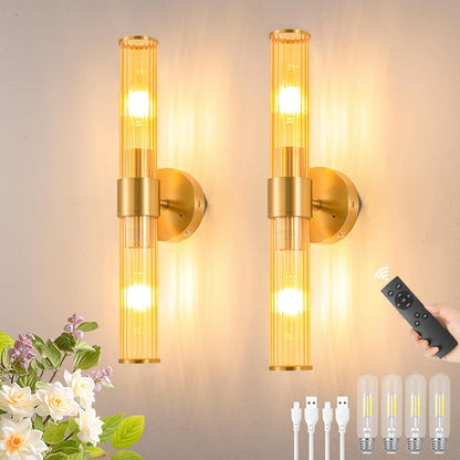 Morauroral Gold Battery Operated Wall Sconces Set of Two, Rechargeable Wall Sconce with Dimmable Remote Control, 20 Inch Wireless Sconce Wall Light for Bedroom, Living Room (Bulbs Included)