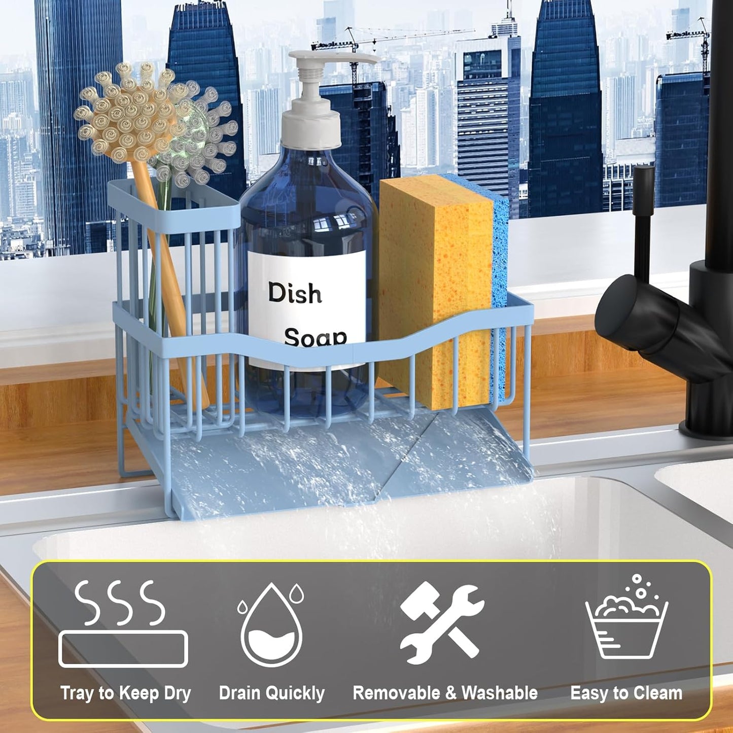Maifan Sink Caddy Sponge Holder for Kitchen with Brush Holder and Stainless Steel Self Drain Tray, Rustproof Kitchen Sink Organizer for Sponge, Soap Dispenser Storage Accessories (Lacquer Silver)