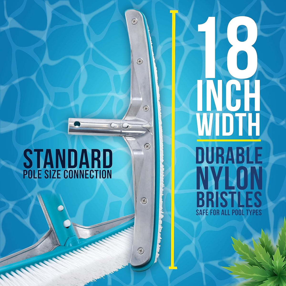 U.S. Pool Supply 13" Pool Brush with Rubber Bristles and Squeegee Edge - Safe for Vinyl Liners, Ideal for Above-Ground Pools, Aluminum Pole Handle - Scrub Leaves Debris from Walls, Floors, Corners