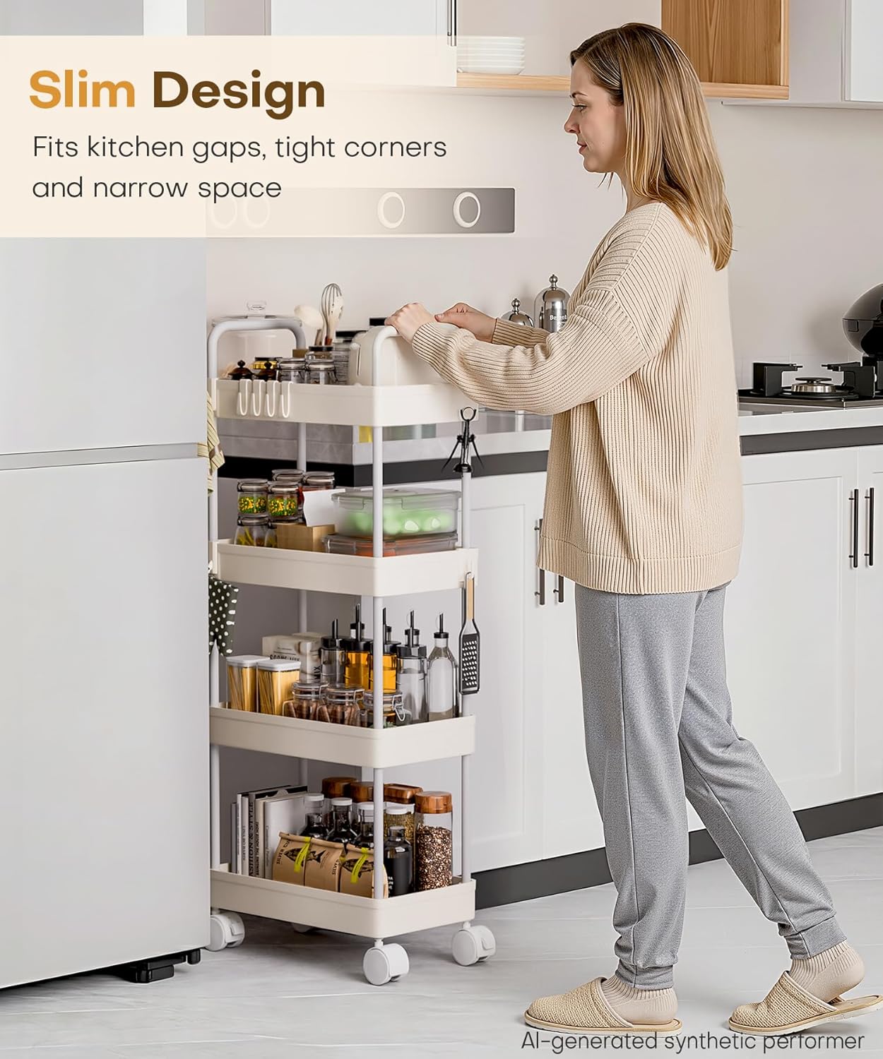 Homde Slim Rolling Cart for Kitchen: 4-Tier Space-Saving Narrow Floor Organizer - 37.4in Tall Vertical Storage for Bottles & Jars - Locking Wheels 8 Hooks for Hang & Grab
