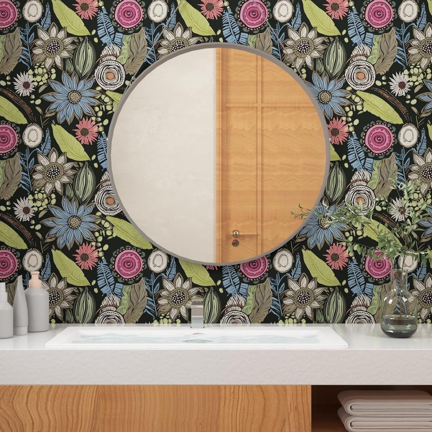Blue Wallpaper Peel and Stick,Vintage Boho Floral Contact Paper 17.5" x 118", Retro Botanical Flower Wall Paper Self Adhesive Removable Waterproof for Walls Shelves Cabinet Table (Blue,Yellow, Green)