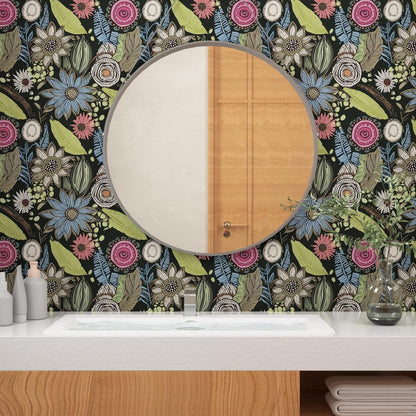Blue Wallpaper Peel and Stick,Vintage Boho Floral Contact Paper 17.5" x 118", Retro Botanical Flower Wall Paper Self Adhesive Removable Waterproof for Walls Shelves Cabinet Table (Blue,Yellow, Green)