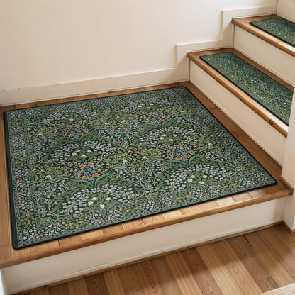 OJIA Floral Stair Treads Non-Slip Stair Runner for Wooden Steps Indoor 15PCS 30"x8" Carpet Stair Treads Stair Mats Staircase Step Treads for Kids, Elders and Dogs, Stair Covers, Black