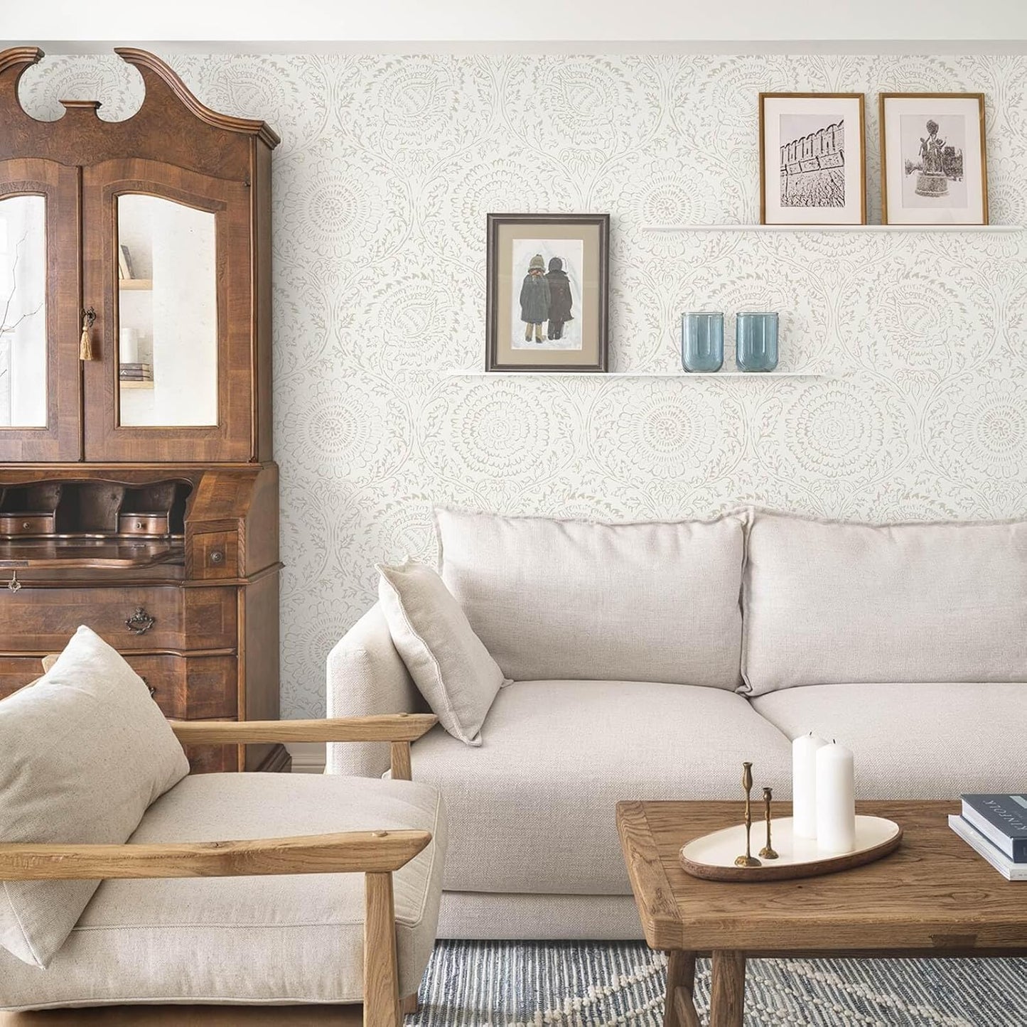Ismoon Peel and Stick Wallpaper Boho Beige Contact Paper Neutral Floral Wall Paper Textured Self Adhesive Removable Wallpaper for Bedroom Kitchen Renter Friendly Vinyl 17.3" x 78.7"