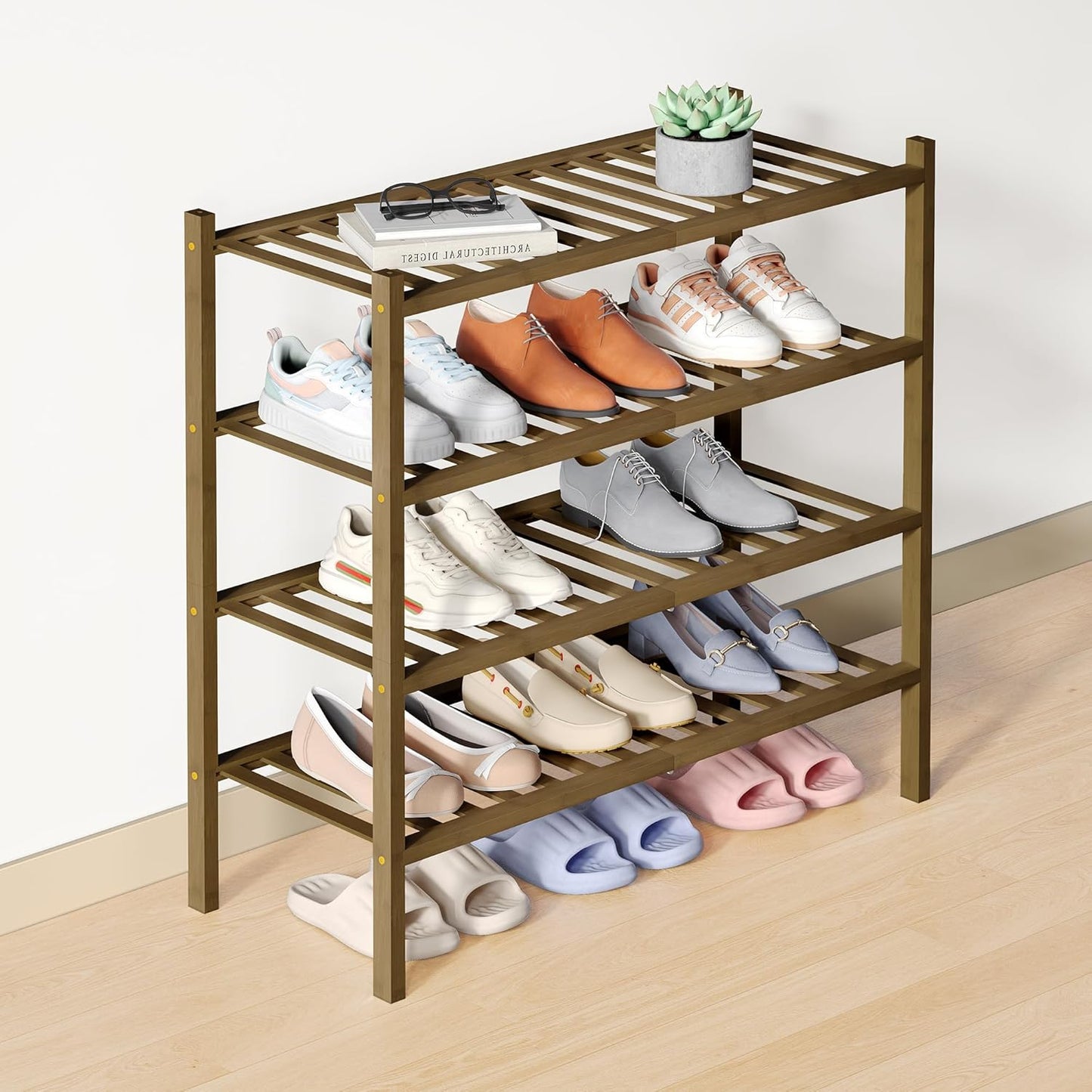 Smiry Bamboo Shoe Rack for Closet, 3 Tier Wooden Shoe Organizer, Stackable Wood Shoe Storage Shelf for Entryway, 14 Vertical Slats, One-piece Heavy-Duty Legs, 26.77"x11.02"x18.31", Natural