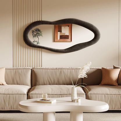 Honyee Full Length Mirror, 63" x 24" Wall Mirror, Flannel Wrapped Wooden Frame Floor Mirror, Irregular Wavy Mirror Hanging or Leaning Against Wall for Cloakroom/Bedroom/Living Room, Milk Tea