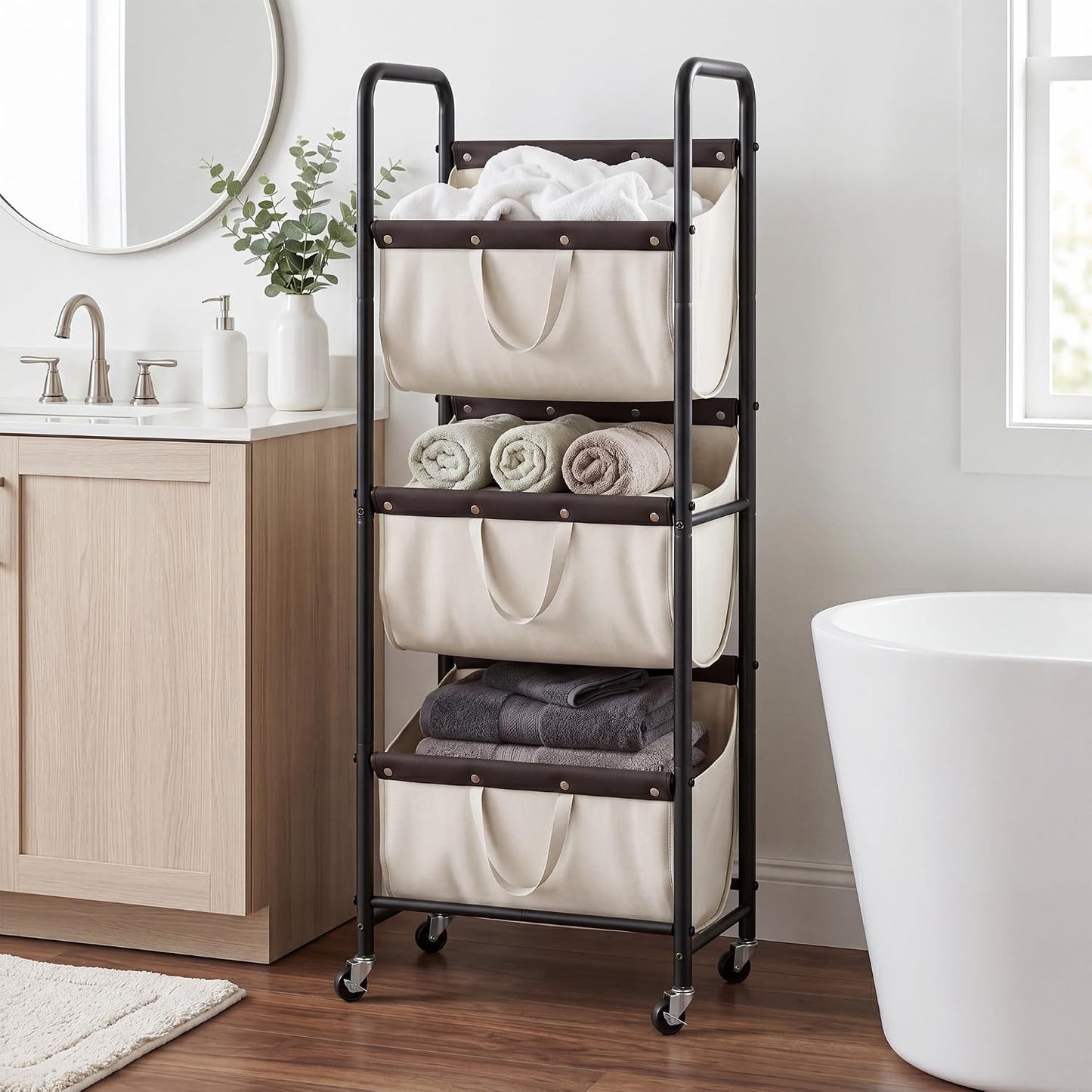 GRANNY SAYS 3 Section Tiered Laundry Sorter, Slim Vertical Laundry Hamper with Wheels, Narrow Rolling Laundry Cart with Removable Bags for Laundry Room, Bathroom, Closet, Dorm, Beige