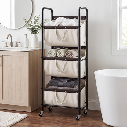 GRANNY SAYS 3 Section Tiered Laundry Sorter, Slim Vertical Laundry Hamper with Wheels, Narrow Rolling Laundry Cart with Removable Bags for Laundry Room, Bathroom, Closet, Dorm, Beige
