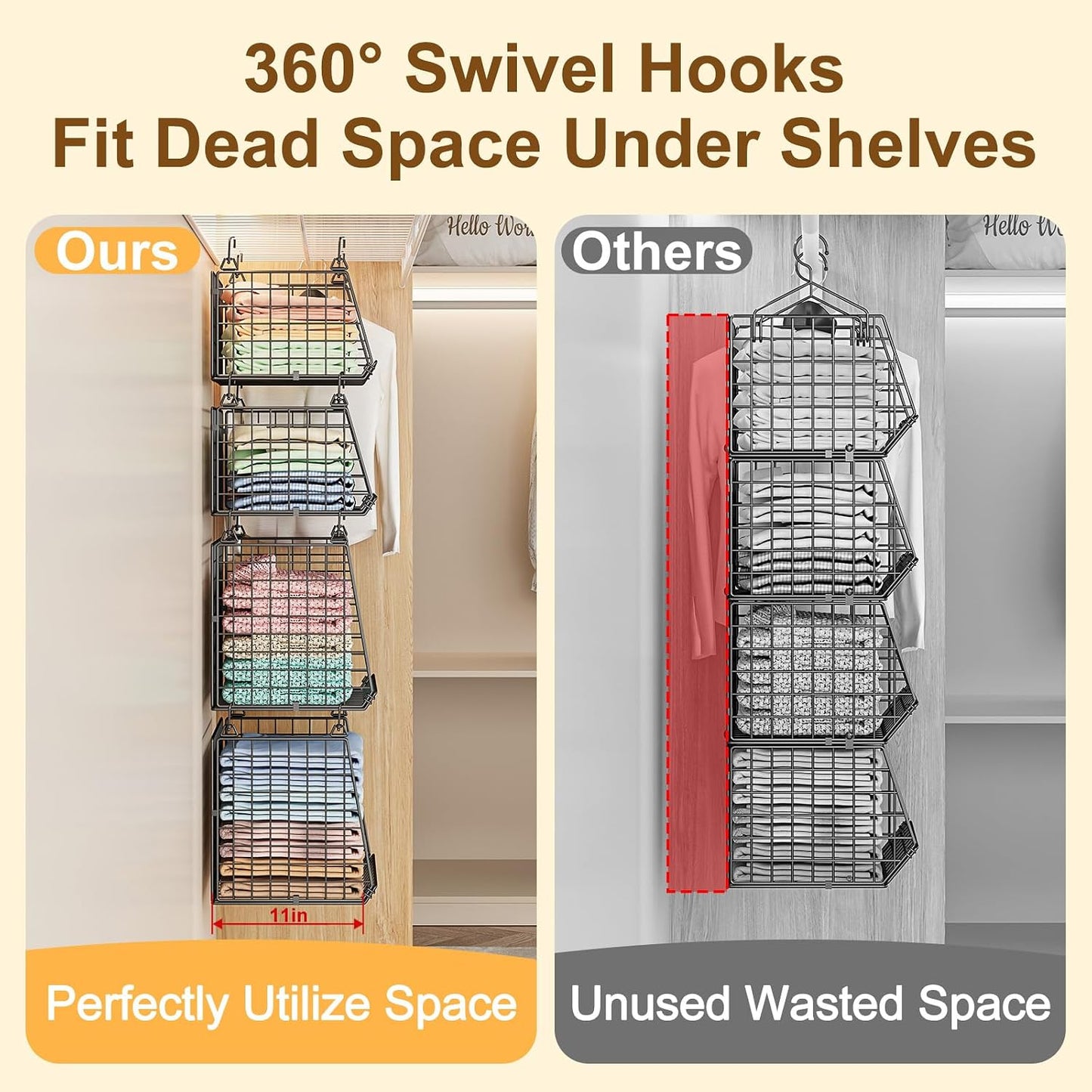 Lyuwanxian 4-Tier Hanging Closet Organizer with 360°Rotating Hooks – Foldable Hanging Shelves for Small Spaces, Wire Storage Basket, Closet Organizer System, Black