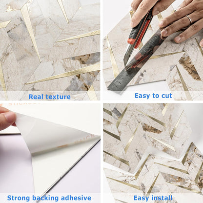 STICKGOO 10-Sheet Herringbone Tile Peel and Stick Backsplash, Beige Mixed Metal Gold PVC Stick on Backsplash, Self Adhesive Wall Tile for Kitchen and Bathroom