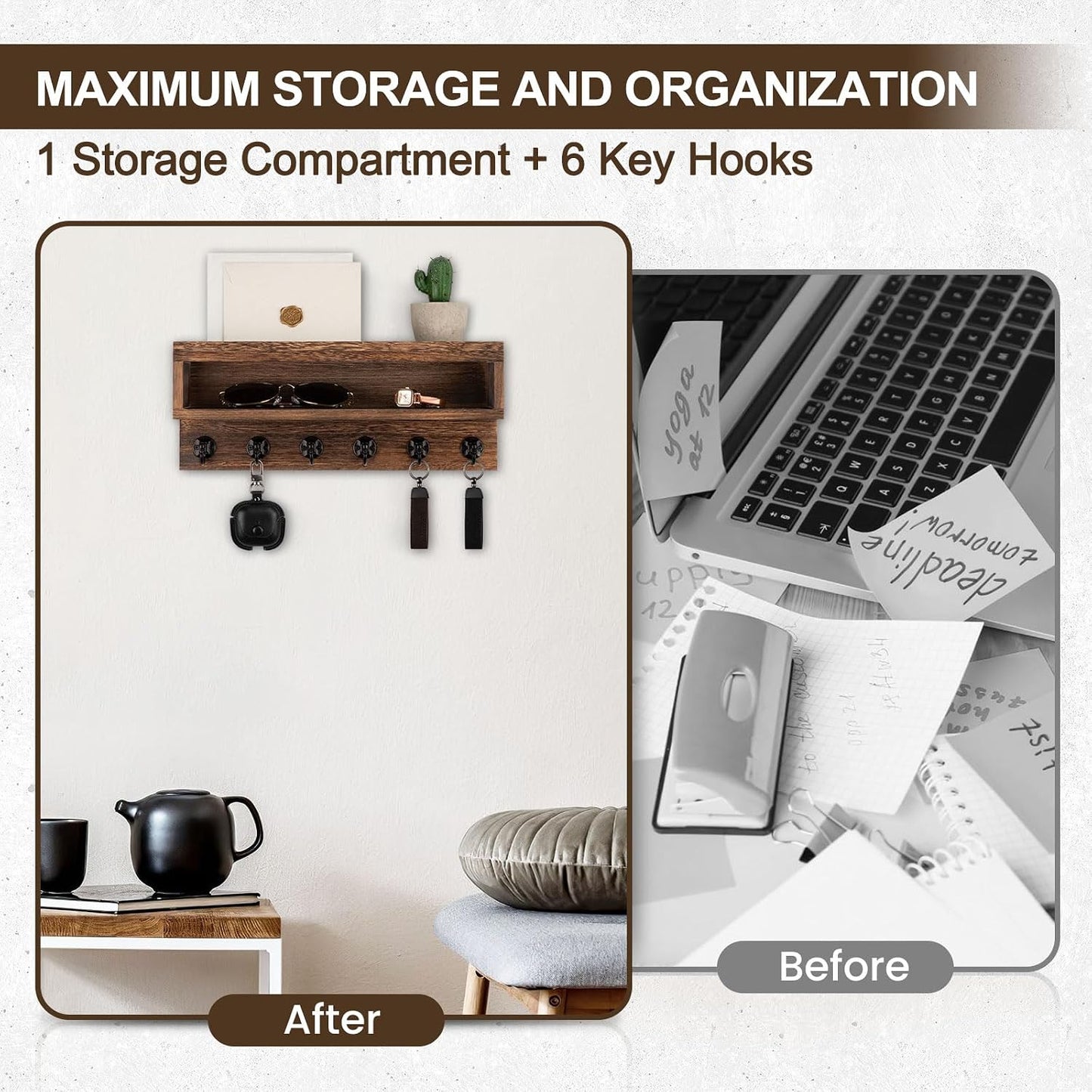Key and Mail Holder Wall Mount, Key Hanger with Long Storage Box and 6 Hooks for Coat, Dog Leash, Home Decor Rack, House Accessories, Entry Way Organizer (Brown)