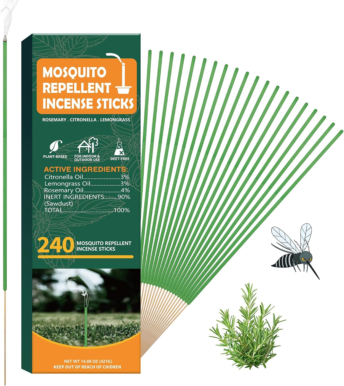 90 pcs Mosquito Repellent Outdoor Patio Sticks, Citronella Repellent Incense Sticks, Natural Essential Oil Incense, Repel Mosquito for Indoor, Patio, Camping, Fishing