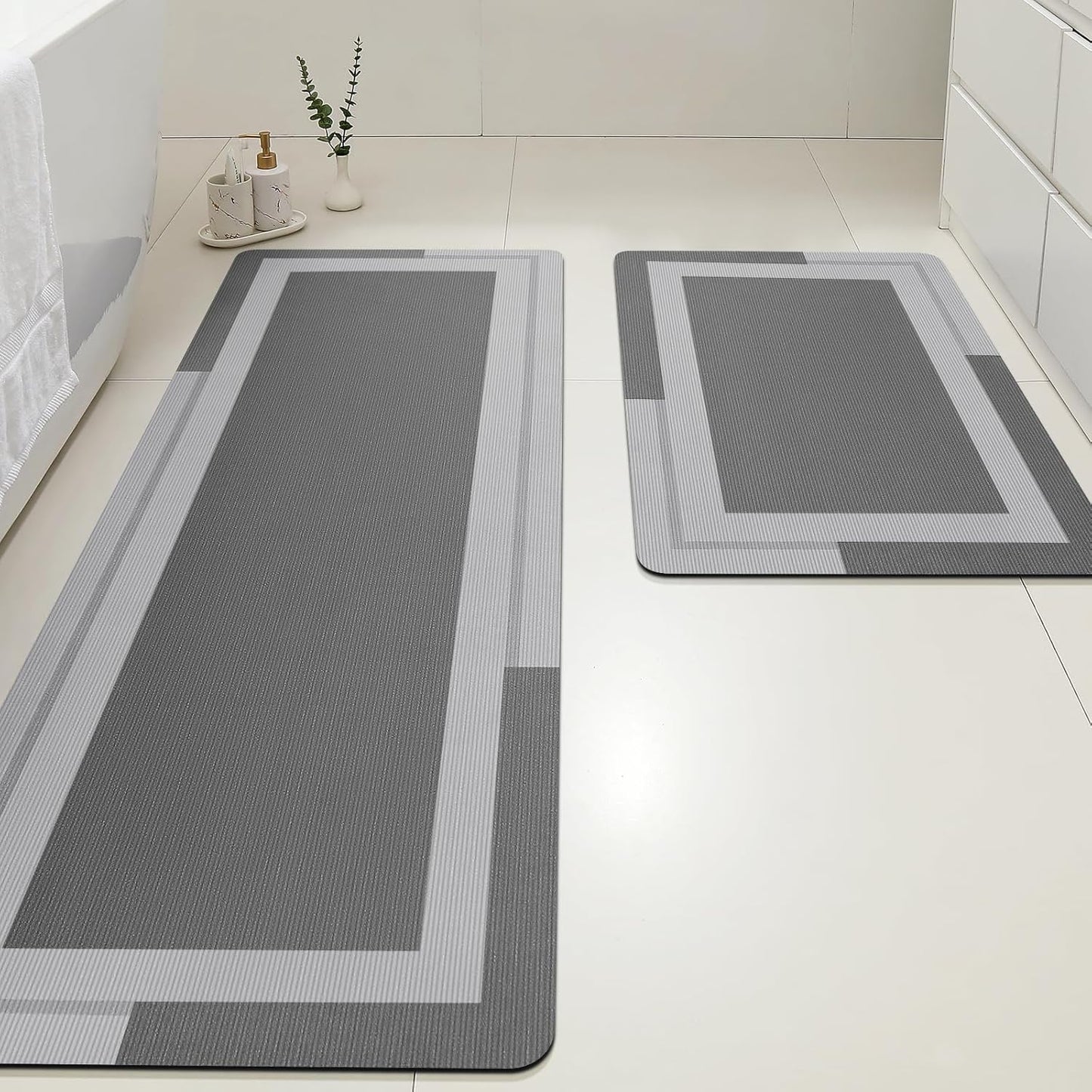 ACCUMTEK Non Slip Bath Mat, Thin Bathroom Rugs Fit Under Door, Quick Dry Bath Mats, Machine Washable Bath Rugs for Bathroom, Bathtub & Kitchen, Grey/Bordered/24 x17