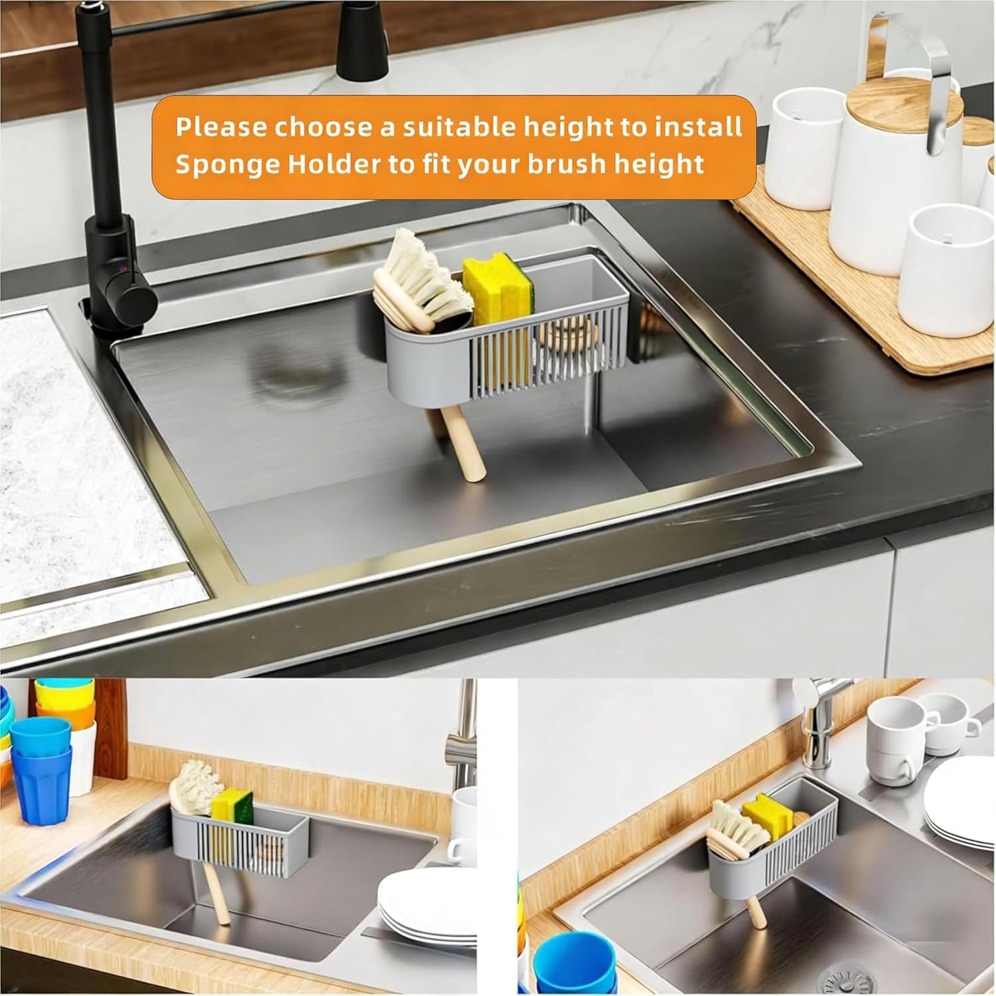 Sink Caddy & Kitchen Sink Organizer,Black Sponge Holder with High Scrub Brush Holder,Plastic Kitchen Countertop Organizer,Multifunctional Sponge Drain Rack,Dish Soap,Dish Sponge Holder,Soap Dispenser
