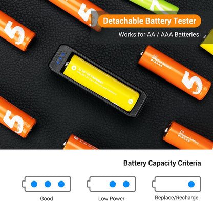 KIWIFOTOS AA AAA Battery Storage Case Holder with Detachable Battery Tester Checker, Hard Shell Battery Organizer Container for 14 Double A & 10 Triple A Battery, Water-Resistant and Shockproof