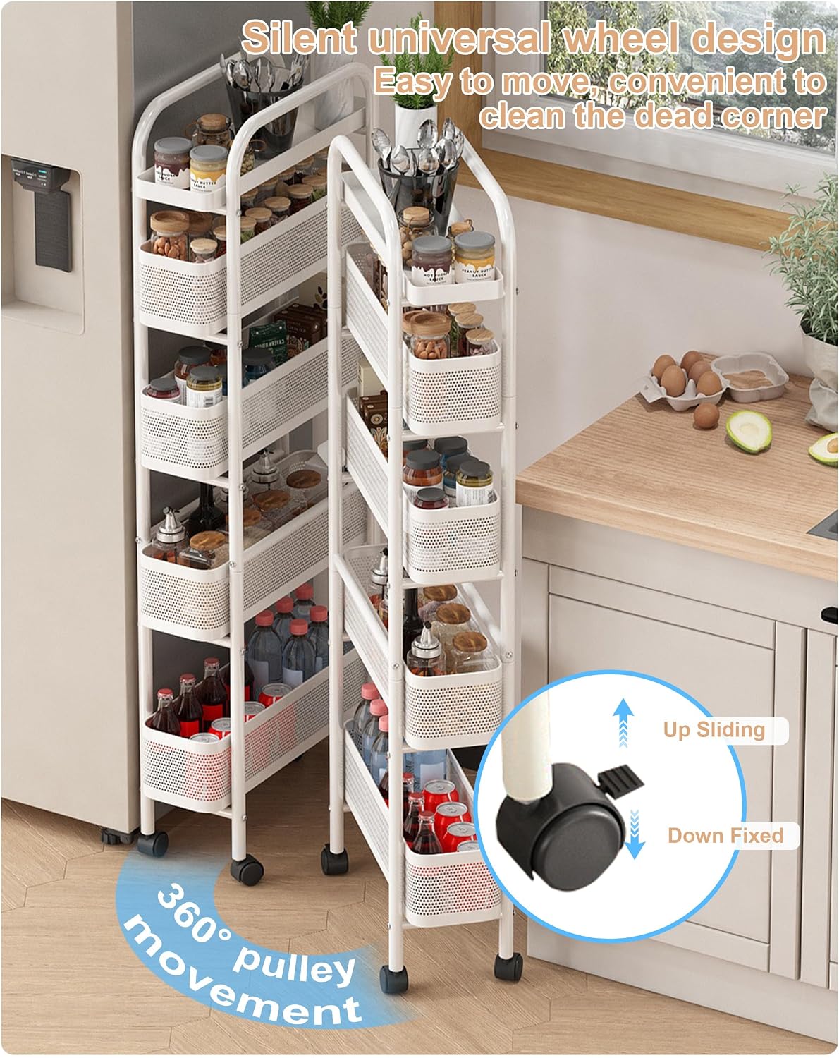 UMDONX Slim Storage Cart 5 Tier with Pull Out Basket Bathroom Organizer Rolling cart, Rolling Utility Cart Slide Out Organizer for Kitchen, Bathroom, Laundry Black
