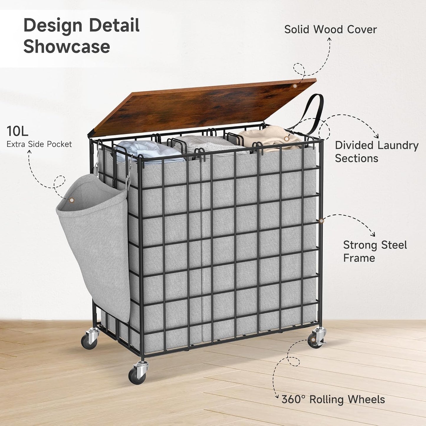 Laundry Basket with Wheels, Heavy Duty Laundry Sorter 2 Sections, 120L (32Gal.) Large Capacity Laundry Hamper with Wood Lid, 360 Rolling Wheels, Extra Side Pocket, Leather Pull Handle, Beige