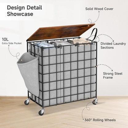 Laundry Basket with Wheels, Heavy Duty Laundry Sorter 2 Sections, 120L (32Gal.) Large Capacity Laundry Hamper with Wood Lid, 360 Rolling Wheels, Extra Side Pocket, Leather Pull Handle, Beige